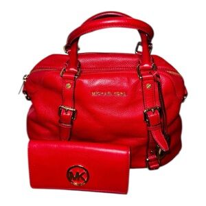 Michael Kors Bedford Pebbled Leather Red Satchel and Matching Red Wallet Set